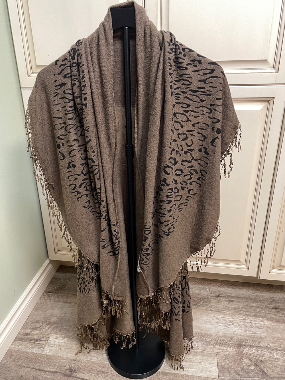 Papillon Taupe Leopard Print Pattern Shawl Wrap with Arm Holes & Fringe - size L